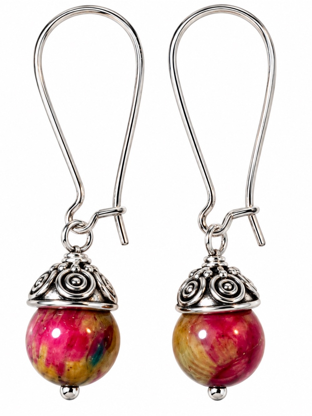 Silver Drop Earrings with Pink Multicolor Beads